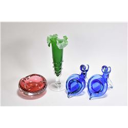 Four pieces of vintage glass including green cased and ruffled vase 9" in height, two Murano art gla