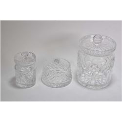 Selection of signed Waterford crystal including 6" lidded biscuit barrel, 4" lidded spooner and a sm