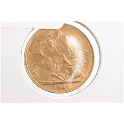 British 1911, 22kt gold full sovereign coin with George V on obverse George and the dragon on revers