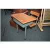 Image 1 : Two vintage student desks each with attached chair, one metal and wood and one all wood