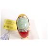Image 1 : New old stock 10kt yellow gold, jade and diamond gemstone ring. Set with three rectangular cabochon 