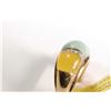 Image 2 : New old stock 10kt yellow gold, jade and diamond gemstone ring. Set with three rectangular cabochon 