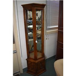 Semi contemporary three sided flat to the wall curio cabinet with mirrored back and glass shelves