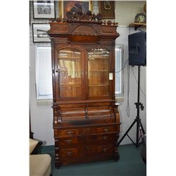Antique walnut and burl Eastlake cylinder desk with pull out writing surface, fitted interior and th