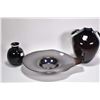 Image 1 : Three pieces of signed art glass including gun metal glass center bowl, two cased glass vases 6" and