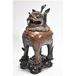Antique bronze foo dog incense burner with hinged lid, original removable burner and original fitted