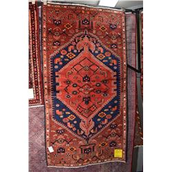 100% handmade Iranian Zanjan area carpet in tones of red, blue, orange etc. 38" X 72"