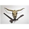 Image 1 : Brass Texas longhorn skull 27" in width, and an Indonesian knife with heavily carved wooden handle a