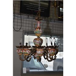 Eight branch Majolica chandelier, does not include simulated candle sleeves or globs and three broke