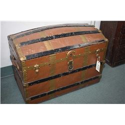 Antique dome top steamer trunk with removable tray and metal simulate alligator skin wrap and wood b