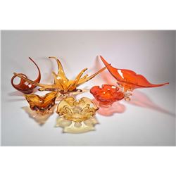Six pieces of mid century art glass including large amber center bowl 24 1/2" in width and a orange