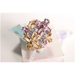 New old stock 14kt amethyst, citrine and diamond gemstone ring