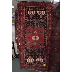 100% handmade Iranian Kurdish area carpet with center medallion and highlights of red, black, grey, 