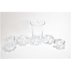 Selection of Orrefors crystal including a matched pair of candle holders, two small dishes and an 8"
