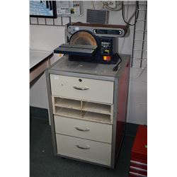 Mastercraft belt and disc sander and a three drawer workshop cabinet on castors