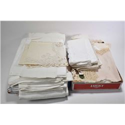 Two trays of table linens including tablecloths, napkins, Battenburg lace, Irish linens etc.