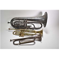 Three horns including trumpet, baritone bugle and a regular bugle, please note distressed condition