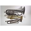 Image 1 : Three horns including trumpet, baritone bugle and a regular bugle, please note distressed condition