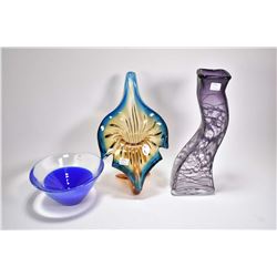 Three pieces of signed art glass including Salviati blue glass bowl, a cornucopia vase and a purple 