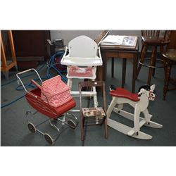 Selection of nursery items including doll's sized vintage Gendron metal pram, rocking chair and a ch