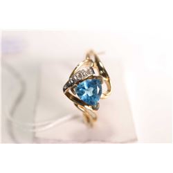 New old stock 10kt yellow gold, triangular cut blue topaz and diamond gemstone ring