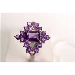 New old stock 10kt white gold, amethyst and diamond gemstone ring