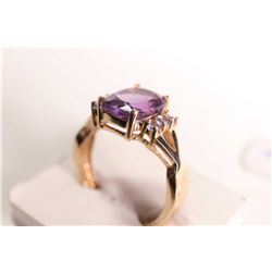 New old stock 10kt yellow gold, amethyst and diamond gemstone ring