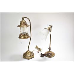 Two antique brass electric lamps including carriage style 20 1/2" and a pivoting desk lamp with sati