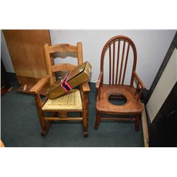 Antique wooden potty chair and a Ducks Unlimited open arm rattan seat rocking chair made by "The VMH