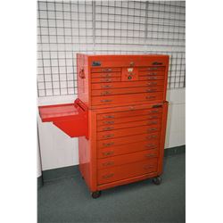 Mac Tools mechanics rolling chest and top box with some tools including wrenches, crow's feet, pulle