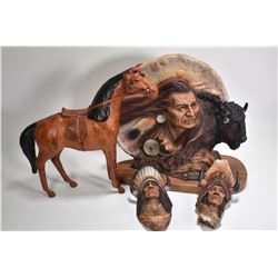 Three Neil Rose resin Indian sculptures including buffalo and chief with wooden base and two wall mo