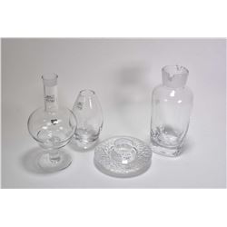 Selection of vintage Orrefors crystal including 8" double spout vessel, a decanter sans stopper, etc