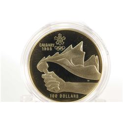 Canadian 1987 non-circulated $100 gold coin "Olympic Torch" by artist Fredrick Peter, 13.338 grams o