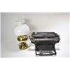 Image 1 : Vintage Underwood typewriter and brass oil lamp converted to electric with milk glass shade and hurr