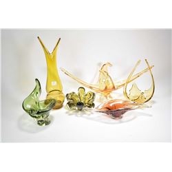 Six pieces of mid century art glass including two marked Chalet green glass dishes , a 16" yellow gl