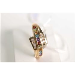 New old stock 14kt yellow gold, multi-coloured sapphire gemstone and diamond ring