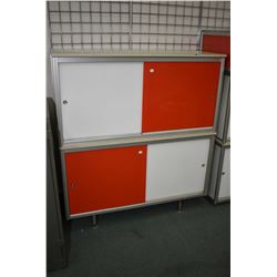 Two Texaco service station floor cabinets each with one white and one orange sliding door, one compl