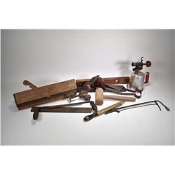 Selection of vintage tools including wooden clamp on edging tool, No. 7 metal plane, wooden spirit l