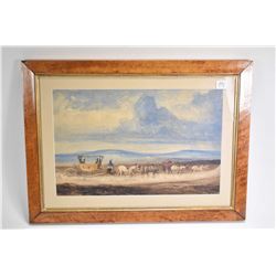 Vintage pencil and chalk drawing on paper in burl wood framed of a traveling coach in Spain with per