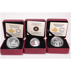 Three cased Royal Canadian Mint collector coins including 2013 "Heroes of 1812-Charles Michel de Sal