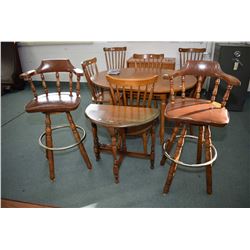 Two leather upholstered swivel bar stools and a single drop leaf flat to the wall occasional table