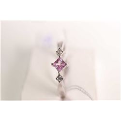 New old stock 10kt white gold, square cut pink sapphire and diamond accent micro ring