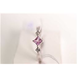 New old stock 10kt white gold, square cut pink sapphire and diamond accent micro ring