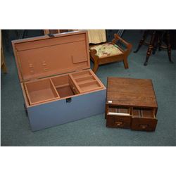 Two drawer oak card file made by Weiss and a shop made wooden tool box