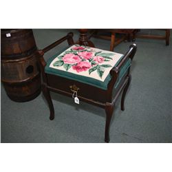 Antique organ bench with needlepoint upholstery and sheet music drawer with fold down front for acce