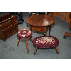 Two needlepoint upholstered stools and a small matched grain flip up sewing table on cabriole suppor