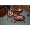 Image 1 : Two needlepoint upholstered stools and a small matched grain flip up sewing table on cabriole suppor