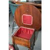 Image 2 : Two needlepoint upholstered stools and a small matched grain flip up sewing table on cabriole suppor