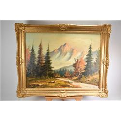 Gilt framed oil on canvas painting of a mountainscape by artist. C.Marra, 18 "X 24"