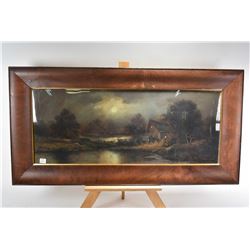 Framed pastel picture of a lakeside cottage in the moonlight by artist Chandler, 12" X 30"